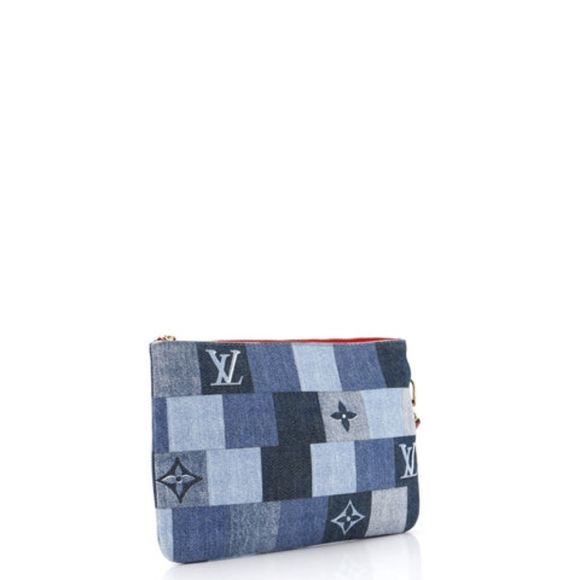 Louis Vuitton Blue Patchwork Clutch with Gold Zipper and Wristlet Strap - Picture 5 of 6